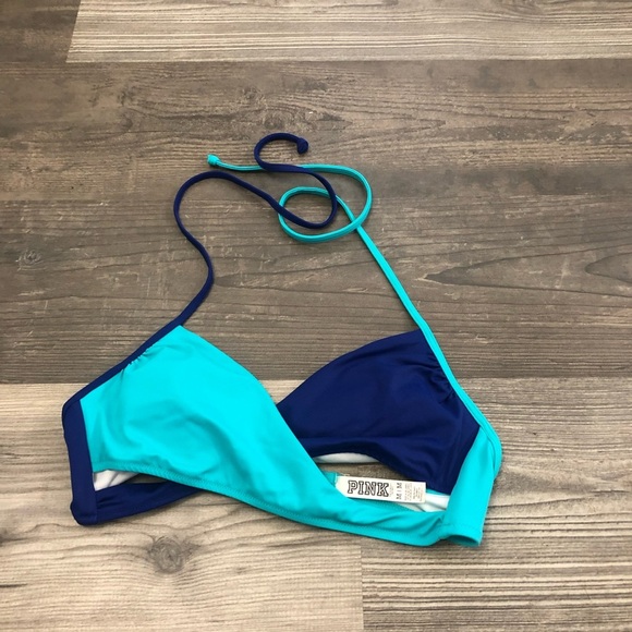 PINK Victoria's Secret Women's Blue and Teal Halter Bikini Top Medium - Picture 1 of 5